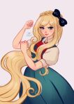  1girl bangs black_bow blonde_hair blue_eyes blush bow bowtie braid closed_mouth commentary cowboy_shot crown_braid dangan_ronpa_(series) dangan_ronpa_2:_goodbye_despair dress english_commentary french_braid green_dress hair_bow hand_up highres long_hair looking_at_viewer missarilicious puffy_short_sleeves puffy_sleeves red_bow red_neckwear short_sleeves simple_background smile solo sonia_nevermind swept_bangs very_long_hair white_background 