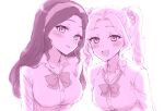  2girls :d aikatsu! aikatsu!_(series) blush bow bowtie breasts collared_shirt daichi_nono drill_hair hair_intakes hair_ornament hair_scrunchie hairband large_breasts long_hair long_sleeves looking_at_viewer loose_bowtie medium_breasts mole mole_under_eye monochrome multiple_girls open_mouth parted_lips sbs school_uniform scrunchie shirakaba_risa shirt simple_background smile twin_drills twintails upper_body white_background 
