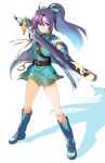  1girl azuumori belt blue_dress blue_footwear blue_gloves boots brown_belt closed_mouth commentary dress english_commentary fir_(fire_emblem) fire_emblem fire_emblem_heroes gloves hair_between_eyes highres holding holding_sword holding_weapon legs_apart looking_at_viewer ponytail purple_hair scabbard sheath short_dress signature smile solo standing sword unsheathing violet_eyes weapon 