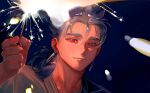  1boy absurdres alternate_hairstyle blue_hair close-up closed_mouth cu_chulainn_(fate)_(all) cu_chulainn_(fate/grand_order) earrings fate/stay_night fate_(series) fireworks hair_bun highres jewelry lancer long_hair looking_at_viewer male_focus red_eyes slit_pupils smile solo sparkle sparkler spiky_hair taro-k type-moon 