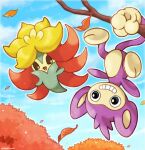  aipom animal_focus artist_name autumn_leaves black_eyes blue_sky brown_sclera clouds colored_sclera commentary_request day floating gen_2_pokemon gen_8_pokemon gossifleur grin hanging happy highres leaf looking_at_viewer looking_to_the_side no_humans open_mouth outdoors outline pokemon pokemon_(creature) prehensile_tail rorosuke sky smile tail teeth tree twitter_username upside-down white_outline yellow_eyes 