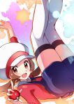  1girl :d arm_up blush brown_eyes brown_hair commentary eyelashes hat hat_ribbon highres holding holding_poke_ball kneepits legs_up lyra_(pokemon) miyama-san open_mouth overalls poke_ball poke_ball_(basic) pokemon pokemon_(game) pokemon_hgss red_ribbon red_shirt ribbon shirt sleeves_past_elbows smile solo thigh-highs tongue twintails white_headwear white_legwear 