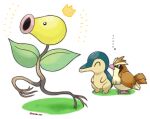  ... ^_^ artist_name bellsprout bird black_eyes brown_eyes closed_eyes commentary_request creatures_(company) crown cyndaquil full_body game_freak gen_1_pokemon gen_2_pokemon grass grey_outline nintendo outline pidgey pokemon pokemon_(creature) rorosuke running standing twitter_username 