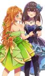  2girls :d absurdres aqua_eyes bare_shoulders black_gloves black_hair black_legwear blue_eyes blue_flower blue_rose blush braid brown_hair commentary_request dress flower gloves green_dress hair_flower hair_ornament highres hino_akane_(idolmaster) holding_hands idolmaster idolmaster_cinderella_girls idolmaster_cinderella_girls_starlight_stage legend_of_nappo long_hair looking_at_viewer looking_back multiple_girls open_mouth purple_dress rose sagisawa_fumika single_braid smile thigh-highs 