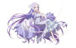  1girl artist_request bare_arms bare_shoulders barefoot_sandals breasts dress feet full_body hair_ornament highres long_dress long_hair looking_at_viewer medium_breasts puffy_sleeves purple_dress purple_hair quinella smile sword_art_online sword_art_online:_alicization very_long_hair violet_eyes white_background 