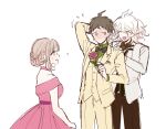  16_(0xhsk16) 2boys :d ^_^ ahoge alternate_hairstyle arm_up bangs bare_shoulders beige_jacket beige_pants beige_vest black_bow blush bow bowtie braid brown_hair brown_pants choker closed_eyes collared_shirt commentary_request dangan_ronpa_(series) dangan_ronpa_2:_goodbye_despair dress eyebrows_visible_through_hair flower flying_sweatdrops formal from_side green_shirt grey_hair hinata_hajime holding holding_flower jacket komaeda_nagito long_sleeves messy_hair multiple_boys nanami_chiaki off-shoulder_dress off_shoulder official_alternate_costume open_mouth pants pink_choker pink_dress pink_flower pink_rose profile rose shirt short_hair simple_background sketch smile suit two-tone_bow white_background white_bow white_jacket 