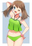  1girl ;d absurdres arm_behind_head bangs bikini bikini_bottom blue_eyes brown_hair collarbone commentary_request eyelashes green_bikini heart highres long_hair looking_at_viewer may_(pokemon) navel one_eye_closed open_mouth pokemon pokemon_(anime) pokemon_rse_(anime) pose shiny shiny_skin smile solo swimsuit tongue yuihico 