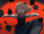  1girl ascot blonde_hair breasts collared_shirt darkness hair_ribbon highres long_sleeves medium_breasts open_mouth outstretched_arms piaki red_ascot red_eyes red_ribbon ribbon rumia shirt short_hair smile solo spread_arms touhou white_shirt 