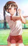  1girl blue_sky blurry blurry_background blush brown_hair buruma closed_mouth connie_(keean2019) field gym_uniform headband highres long_hair looking_at_viewer original outdoors red_eyes red_shorts shirt shorts sky solo stretch twintails white_shirt 