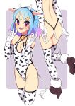  1girl 2021 :d aikatsu!_(series) aikatsu_friends! animal_ears animal_print ass back backless_leotard bare_shoulders bell bell_choker birthday blue_hair border braid breasts brown_footwear chinese_zodiac choker cleavage_cutout clothing_cutout cow_ears cow_girl cow_horns cow_print cow_tail cowbell cropped_legs fake_animal_ears fake_horns fake_tail french_braid from_behind fur_trim gradient_hair groin hair_ornament halterneck head_out_of_frame high_heels highleg highleg_leotard highres horns leotard minato_mio multicolored_hair multiple_views ok_sign open_mouth pointing pointing_down purple_hair round_teeth small_breasts smile solo star_(symbol) star_hair_ornament symbol_commentary tail teeth thigh-highs thong_leotard ukokkei upper_teeth v violet_eyes white_border wing_hair_ornament year_of_the_ox 