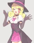  1girl ;d bare_legs black_choker black_gloves blonde_hair choker collarbone corset cowboy_shot curly_hair elbow_gloves eyebrows_visible_through_hair facial_mark gloves grey_background halloween_costume hat heart_facial_mark highres hinata_yume long_hair mewkledreamy one_eye_closed open_mouth orange_eyes pink_skirt pinmisil pleated_skirt puffy_short_sleeves puffy_sleeves shirt short_sleeves simple_background skirt smile solo white_shirt witch_hat 