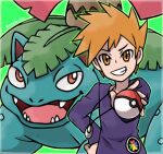  1boy arm_up artist_name bangs blue_oak border commentary_request creatures_(company) fangs game_freak gen_1_pokemon green_background green_outline grin hand_on_hip happy highres holding holding_poke_ball jewelry long_sleeves looking_at_another looking_at_viewer male_focus matching_hair/eyes necklace nintendo open_mouth orange_eyes orange_hair outline outstretched_arm poke_ball poke_ball_(basic) pokemon pokemon_(creature) pokemon_(game) pokemon_rgby purple_shirt red_eyes rorosuke shirt short_hair simple_background smile spiky_hair standing teeth tongue twitter_username upper_body v-shaped_eyebrows venusaur 