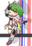  1girl :d bangs black_gloves chibi cosplay eyebrows_visible_through_hair gloves green_hair highres korona_ukiyo looking_at_viewer macross macross_frontier mecha_musume midriff_cutout navel one_eye_closed open_hand open_mouth ranka_lee shadow short_hair smile solo thigh_strap vf-25 vf-25_(cosplay) 