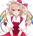  +_+ 1girl :o back_bow blonde_hair blush bow commentary crystal fang flandre_scarlet hair_between_eyes hat hat_bow heart highres laevatein_(tail) long_hair looking_at_viewer mob_cap open_mouth puffy_short_sleeves puffy_sleeves red_bow red_eyes red_skirt red_vest shirt short_sleeves side_ponytail simple_background skirt solo sparkle tail touhou upper_body vest white_background white_bow white_headwear white_shirt wings yurui_tuhu 