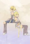  1boy 1girl absurdres bangs bare_shoulders belt black_shorts black_sleeves blonde_hair bow breasts commentary d_futagosaikyou detached_sleeves from_side full_body green_eyes hair_bow hair_ornament hairclip highres kagamine_len kagamine_len_(append) kagamine_rin kagamine_rin_(append) leg_warmers light_smile looking_to_the_side shirt short_hair short_ponytail shorts sideways_glance sitting sleeveless sleeveless_shirt small_breasts spiky_hair stairs swept_bangs vocaloid vocaloid_(tda-type_ver) vocaloid_append white_bow white_shirt 