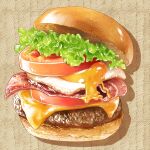  bacon beef bread cheese egg egg_yolk food food_focus fried_egg hamburger lettuce meat nagare750 no_humans original realistic still_life tomato tomato_slice 