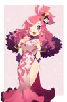  1girl ;d blush bracelet china_dress chinese_clothes crown disgaea disgaea_rpg dress flower hair_flower hair_ornament highres jewelry long_hair looking_at_viewer makai_senki_disgaea_5 mini_crown official_alternate_costume one_eye_closed open_mouth pink_background pink_dress pink_hair pink_theme pointy_ears print_dress rose seraphina_(disgaea) smile solo sparkle tenanagi_(gourgeist8mb) thighs violet_eyes white_flower white_rose 