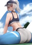  1girl absurdres ass azur_lane blue_headwear breasts clouds crop_top crop_top_overhang earphones eko.art eyebrows_visible_through_hair from_behind giulio_cesare_(azur_lane) giulio_cesare_(fitness_master)_(azur_lane) gradient gradient_legwear hat highres large_breasts leaning_forward looking_at_viewer looking_back multicolored multicolored_clothes multicolored_legwear peaked_cap red_eyes skin_tight sleeveless solo thighs under_boob 
