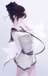  1girl bangs black_hair breasts dress finger_to_mouth hand_up highres large_breasts looking_ahead looking_down original parted_lips profile r_(curvy) ribbon short_hair simple_background violet_eyes white_background 
