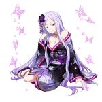  1girl artist_request bare_shoulders breasts bug butterfly clog_sandals colorful feet flower hair_flower hair_ornament highres insect japanese_clothes jewelry kimono long_hair looking_at_viewer medium_breasts necklace no_bra purple_hair quinella sword_art_online sword_art_online:_alicization very_long_hair violet_eyes white_background 