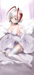  1girl absurdres antenna_hair arknights bare_shoulders demon_girl demon_horns demon_tail dress elbow_gloves feet gloves highres horns looking_at_viewer nevin_(flyskying) pantyhose red_horns short_hair silver_hair skirt tail thigh-highs w_(arknights) white_dress white_gloves white_legwear white_skirt white_theme 