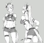  1girl animal_ears ass bangs bare_shoulders belt bow bowtie breasts gloves gold_ship_(umamusume) greyscale grin highres horse_ears horse_tail long_hair looking_at_viewer midriff monochrome navel picoheads ponytail shorts smile solo tail umamusume 