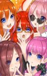  5girls absurdres ahoge bangs bare_shoulders blue_eyes blunt_bangs blush brown_hair closed_mouth commentary_request earrings eyebrows_visible_through_hair face finger_to_mouth flower gesture glasses go-toubun_no_hanayome hair_between_eyes hair_ornament hand_up highres huge_filesize index_finger_raised jewelry light_purple_hair long_hair looking_at_viewer multiple_girls nakano_ichika nakano_itsuki nakano_miku nakano_nino nakano_yotsuba one_eye_closed open_mouth orange_hair pink_hair quintuplets r_(ryo) redhead ribbon rose shirt short_hair shushing sidelocks smile sunglasses upper_teeth v 