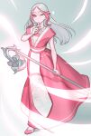  1girl absurdres blank_eyes colored_sclera commission dress full_body grey_hair hand_up highres long_hair looking_at_viewer nia_(nia4294) no_mouth no_nose one_eye_closed original pink_dress pink_footwear pink_sclera solo staff standing star_(symbol) 