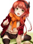  1girl akino_shuu alternate_costume beans de_ruyter_(kantai_collection) eyebrows_visible_through_hair food green_eyes holding holding_food kantai_collection long_hair long_sleeves masu open_mouth orange_scarf redhead scarf simple_background smile solo sweater white_background 