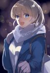  1girl bag blue_eyes brown_hair coat cowboy_shot gloves intrepid_(kantai_collection) jewelry kantai_collection open_mouth picoli1313 ponytail ring scarf short_hair shoulder_bag smile winter winter_clothes winter_coat 