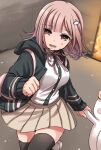  1girl backpack bag bangs black_jacket black_legwear breasts brown_skirt commentary_request dangan_ronpa_(series) dangan_ronpa_2:_goodbye_despair dress_shirt fleeing flipped_hair hair_ornament highres hood hood_down hooded_jacket hoodie jacket light_brown_hair long_sleeves looking_at_viewer medium_breasts medium_hair monomi_(dangan_ronpa) nanami_chiaki nico_(nico_alice) open_clothes open_jacket open_mouth out_of_frame pleated_skirt shirt shirt_tucked_in skirt solo_focus spoilers thigh-highs zettai_ryouiki 