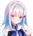  1girl absurdres bangs blue_hair blush closed_mouth eyebrows_visible_through_hair hair_ornament highres lize_helesta long_sleeves looking_at_viewer medium_hair multicolored_hair nijisanji nono_i831 simple_background solo two-tone_hair violet_eyes virtual_youtuber waving white_background white_hair 