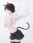  1girl 2021 animal_ears bangs black_legwear black_skirt breasts brown_hair buttons cat_ears cat_girl cat_tail cloth collarbone cowboy_shot finger_to_mouth hands_up highres light_brown_eyes medium_breasts navel original pleated_shirt r_(curvy) short_hair simple_background skirt solo tail thigh-highs white_background zettai_ryouiki 