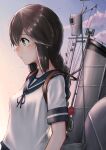  1girl black_eyes black_hair blue_sailor_collar braid clouds commentary_request gradient_sky hair_between_eyes highres isonami_(kantai_collection) kantai_collection long_hair machinery owada_(kousonhuchi) sailor_collar school_uniform serafuku short_sleeves sidelocks sky smokestack solo twin_braids upper_body 