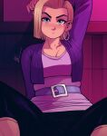  1girl android_18 arm_up belt black_pants blonde_hair blue_eyes blush breasts cardigan dragon_ball dragon_ball_z earrings highres hoop_earrings jewelry looking_at_viewer matt_(ex-mile) medium_breasts pants pink_shirt purple_belt purple_cardigan shirt short_hair sitting solo upper_body 