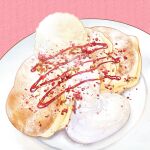  cream food food_focus ice_cream nagare750 no_humans original pancake pink_background plate realistic simple_background still_life strawberry_syrup sweets 