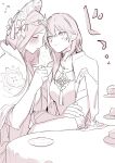  2girls bangs blush breasts buttons byleth_(fire_emblem) byleth_eisner_(female) cape closed_eyes closed_mouth collar commentary_request couple cup fire_emblem fire_emblem:_three_houses flower food greyscale hair_between_eyes hair_flower hair_ornament headwear highres holding holding_cup ikarin long_hair looking_at_another medium_hair monochrome multiple_girls parted_lips rhea_(fire_emblem) simple_background tea white_background yuri 