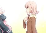  2girls backpack bag bangs black_jacket breasts brown_jacket cat_bag commentary_request dangan_ronpa_(series) dangan_ronpa_2:_goodbye_despair dangan_ronpa_3_(anime) dual_persona eyebrows_visible_through_hair from_side hand_on_own_chest hand_up hood hood_down hope&#039;s_peak_academy_school_uniform jacket light_brown_hair looking_at_another medium_breasts multiple_girls nanami_chiaki neck_ribbon nico_(nico_alice) open_clothes open_jacket pink_bag pink_hair profile red_ribbon ribbon school_uniform shirt short_hair simple_background smile solo_focus spoilers upper_body white_background white_shirt 