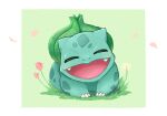  bulbasaur claws closed_eyes commentary_request fangs flower full_body gen_1_pokemon grass head_tilt kico_(iskico) no_humans open_mouth petals pink_flower pokemon pokemon_(creature) solo tongue 