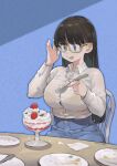  1girl adjusting_eyewear blue_eyes bra bra_through_clothes breasts brown_hair button_gap buttons chain commentary_request denim denim_skirt eating eyebrows_visible_through_hair food fruit glasses highres holding holding_spoon jun_(seojh1029) large_breasts long_hair napkin original plaid see-through shirt sitting skirt solo spoon strawberry taut_clothes taut_shirt tongue tongue_out underwear whipped_cream yellow-framed_eyewear yellow_bra 