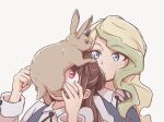  2girls animal_on_head blue_eyes brown_hair diana_cavendish green_hair horns kagari_atsuko little_witch_academia multiple_girls on_head rabbit red_eyes single_horn tonton_(mathcaca24) 