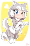  1girl animal_ear_fluff animal_ears blue_eyes blush commentary_request dog_(mixed_breed)_(kemono_friends) dog_ears dog_tail elbow_gloves gloves grey_hair harness heterochromia jumping kemono_friends multicolored_hair nanachii_(nanatidayo) paw_pose skirt tail two-tone_hair white_hair yellow_eyes 