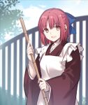  1girl apron bangs blue_bow blush bow broom brown_kimono clouds commentary_request day eyebrows_visible_through_hair frilled_apron frills hair_between_eyes hair_bow hipo holding holding_broom japanese_clothes kimono kohaku_(tsukihime) leaf long_sleeves looking_at_viewer maid maid_apron open_mouth outdoors redhead short_hair sky smile solo tree tsukihime wa_maid white_apron wide_sleeves yellow_eyes 