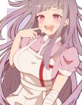  1girl absurdres apron arm_at_side bandaged_arm bandages bangs breasts collared_shirt commentary_request dangan_ronpa_(series) dangan_ronpa_2:_goodbye_despair drooling grey_background hand_up heart heart-shaped_pupils highres large_breasts long_hair looking_at_viewer open_mouth pink_shirt puffy_short_sleeves puffy_sleeves purple_hair shiny shiny_hair shirt short_sleeves simple_background solo sweat symbol-shaped_pupils tsumiki_mikan upper_body upper_teeth weiss_9610 white_apron white_background 