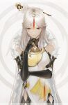  1girl bangs bare_shoulders black_gloves china_dress chinese_clothes closed_mouth dress elbow_gloves fur_collar genshin_impact gloves hair_ornament hair_stick hairpin highres long_hair marumoru ningguang orange_eyes parted_bangs white_dress white_hair 