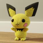  3d blender_(medium) full_body gen_2_pokemon looking_at_viewer no_humans pichu pokemon pokemon_(creature) simple_background solo standing stuffed_toy tagme wooden_floor 