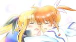  2girls black_ribbon blonde_hair blush closed_eyes couple fate_testarossa hair_ribbon happy hug kerorokjy long_hair lyrical_nanoha mahou_shoujo_lyrical_nanoha mahou_shoujo_lyrical_nanoha_a&#039;s medium_hair multiple_girls neck_ribbon orange_hair ribbon short_twintails simple_background smile takamachi_nanoha twintails white_background white_ribbon yuri 