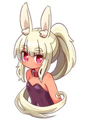  1girl animal_ear_fluff animal_ears bangs bare_shoulders blonde_hair blush closed_mouth collar collarbone commentary_request covered_navel cropped_torso dark_skin eyebrows_visible_through_hair hair_between_eyes heart heart-shaped_pupils highres leotard long_hair looking_at_viewer masurao_(sekaiju) naga_u pink_eyes ponytail purple_leotard rabbit_ears red_collar sekaiju_no_meikyuu sekaiju_no_meikyuu_5 sidelocks simple_background solo strapless strapless_leotard symbol-shaped_pupils thick_eyebrows upper_body very_long_hair white_background 