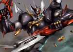  blue_eyes bullet clenched_hand dual_wielding glowing glowing_eyes gun harymachinegun highres holding holding_gun holding_weapon mazinkaiser mazinkaiser_skl mazinkaiser_skl_(mecha) mecha no_humans rifle science_fiction shell_casing skull super_robot v-fin visor weapon 