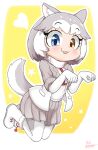  1girl animal_ear_fluff animal_ears blue_eyes blush commentary_request dog_(mixed_breed)_(kemono_friends) dog_ears dog_tail elbow_gloves gloves grey_hair harness heterochromia jumping kemono_friends multicolored_hair nanachii_(nanatidayo) paw_pose skirt tail tongue tongue_out two-tone_hair white_hair yellow_eyes 
